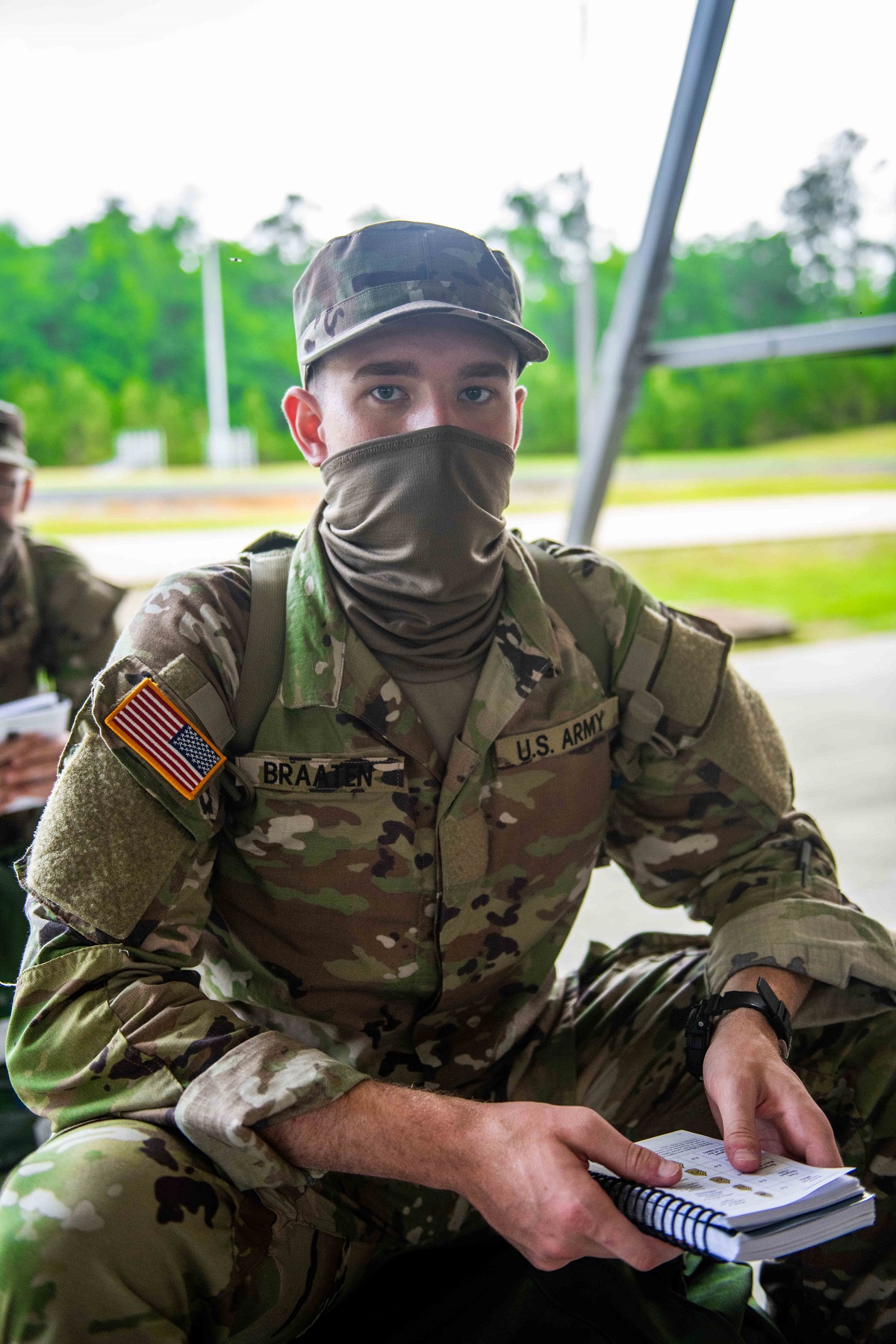 Braaten waits at 30th Adjutant General (Reception) Battalion on the first official day of Armor One Station Unit Training at Fort Benning, Georgia.  Braaten joined to serve as a U.S. Army Tanker or 19 Kilo.  He will spend the next 20 weeks here training.